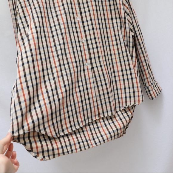 DAKS plaid tan brown shirt long sleeve top Size US 14 cotton high low hem loose - Picture 6 of 10